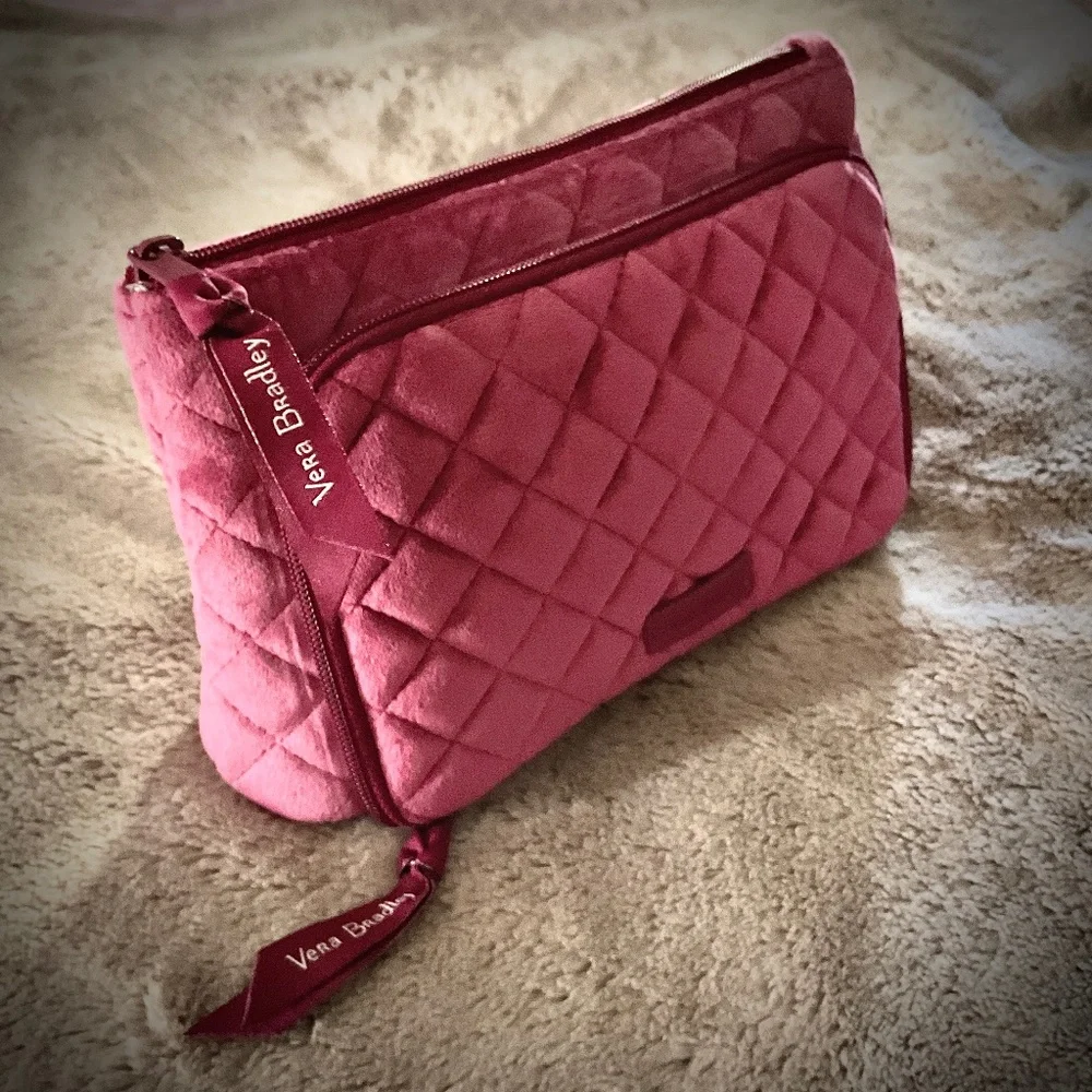 New Vera Bradley Quilted Compact Makeup Cosmetic Organizer Zip Bag Magenta Pink